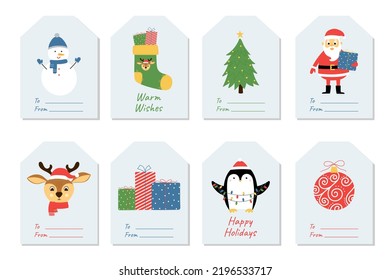 Set of Christmas and holidays gift tags. Labels with gift boxes, penguin, Santa Claus, Christmas deer and Christmas tree. Isolated vector illustration