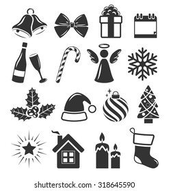 Set of Christmas Holidays Icons Pictograms Flat Black Isolated on White Background