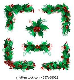 Set of Christmas holly berries design elements. Vector vintage corners, page decorations and dividers. Isolated on white background. Can be used for your Christmas invitations or congratulations.