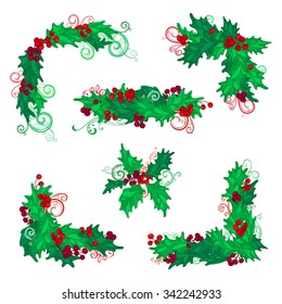 Set of Christmas holly berries design elements. Vector vintage corners, page decorations and dividers. Isolated on white background.