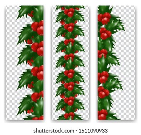 Set Christmas Holly berries vertical border on transparent background. Xmas or New Year decorations. Vector illustration.