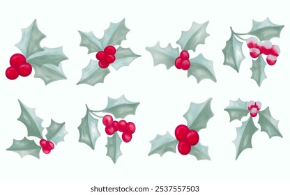 set of christmas holly berries with watercolor