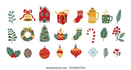 Conjunto de Navidades decoraciones de acebo, Elementos de Navidades para diseño de tarjetas de felicitación Ilustración vectorial de año nuevo