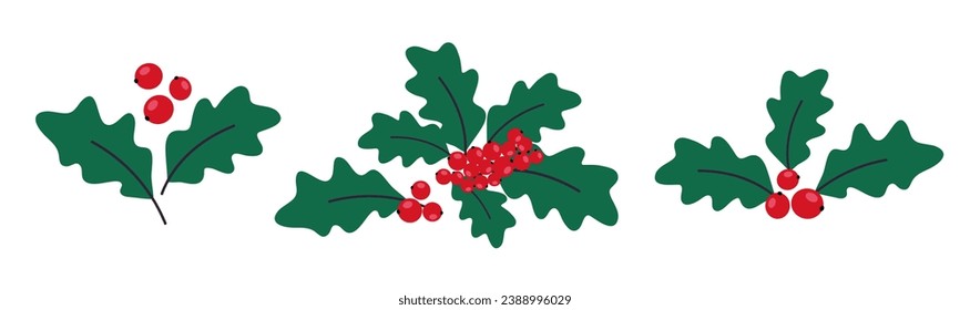 Set of Christmas holly with green leaves, red berries. Happy New Year holly berry icon, floral elements for winter holidays, Christmas symbol. Hand drawn vector illustration on white background