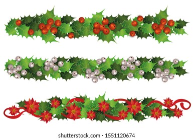 Set of Christmas holly leaves, berries and mistletoe flowers garlands vector illustration isolated on white background. Horizontal border for Xmas and New Year cards.