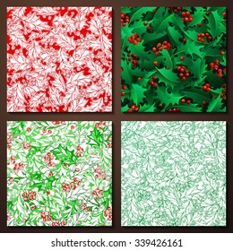 Set of Christmas holly seamless patterns. Holly berries and leaves Christmas decoration. Boundless background can be used for web page backgrounds, wrapping papers, invitation and congratulations. 