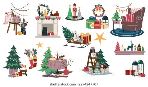 Conjunto de interiores de Navidad. Decoración tradicional para las vacaciones de invierno. Árbol de Navidad, regalos, velas, guirnaldas, guirnaldas y plantas. Colección vectorial plana de dibujos animados aislada en fondo blanco