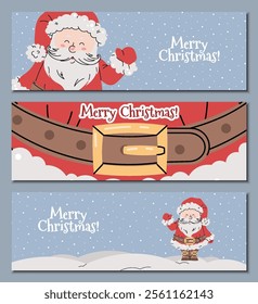 Set of Christmas horizontal banners with cheerful Santa Claus in red suit waving hand on snowy blue background in flat cartoon style. Vector illustration for poster, banner, invitation, etc