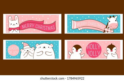 Set of Christmas horizontal banners with cute animals. Faces of lovely polar bear, giraffe, penguin and rabbit against the background of falling snow. For Christmas design. EPS8