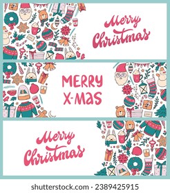set of Christmas horizontal banners decorated with doodles and lettering quotes. Good for prints, bookmarks, cards, invitations, templates, etc. EPS 10
