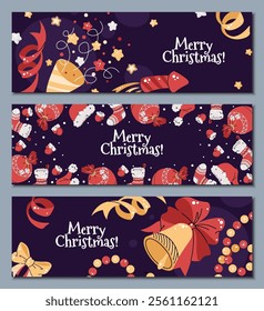 Set of Christmas horizontal banners with fireworks, a party popper, Christmas Bell, Red Bow, stocking and confetti in a flat style. Vector Christmas illustration for poster, banner, invitation, etc.