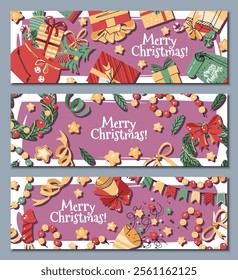 Set of Christmas horizontal banners with gifts, fireworks, a party popper, a wreath on a pink background in a flat cartoon style. Vector illustration for poster, banner, invitation, etc