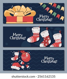 Set of Christmas horizontal banners with hanging Christmas stockings, hat, gift box, a garland in flat cartoon style. Vector illustration for poster, banner, invitation etc.