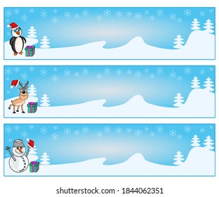 Set of Christmas horizontal banners with penguin, snowman and deer. Collection of Christmas and New Year greeting cards with copy space. Noel frame on winter snow landscape. Stock vector illustration