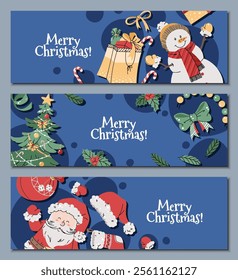 Set of Christmas horizontal banners with Santa, Christmas tree, snowman and gifts on a blue background in a flat cartoon style. Vector illustration for poster, banner, invitation, etc.