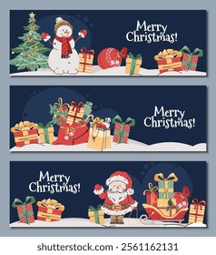 Set of Christmas horizontal banners  with Santa Claus, gifts, snowman on a blue background in a flat cartoon style. Vector illustration for poster, banner, invitation, etc.