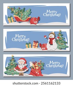 Set of Christmas horizontal banners with Santa Claus, gifts, snowman, Christmas tree on a blue background in a flat cartoon style. Vector illustration for poster, banner, invitation, etc.