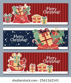 Set of Christmas horizontal banners with Santa's sleigh, gifts and a in a flat cartoon style. Vector illustration for poster, banner, invitation, etc.