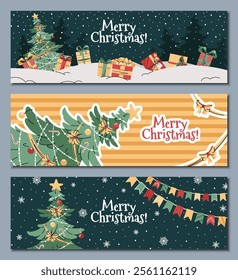 Set of Christmas horizontal banners with a Christmas tree decorated with garland, bows, and a star in a flat cartoon style. Vector background for Christmas poster