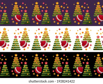 Set of christmas horizontal border with fir tree, balls and stars 