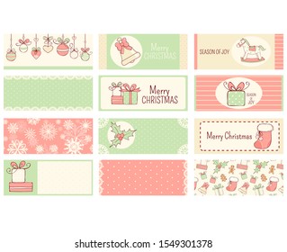 Set of Christmas horizontal gift tag, card, badge, sticker in retro style. Inscription - Merry Christmas, Season of joy. Vector template card for greeting, decoration, congratulation, invitation. EPS8