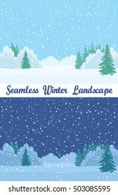 Set of Christmas Horizontal Seamless Background Landscapes, Day and Night Winter Forest with White Snow, Fir Trees and Blue Sky. Eps10, Contains Transparencies. Vector