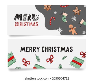 Set of Christmas horizontal web banners with hand drawn candy,sweets, gifts and lettering. Vector illustration