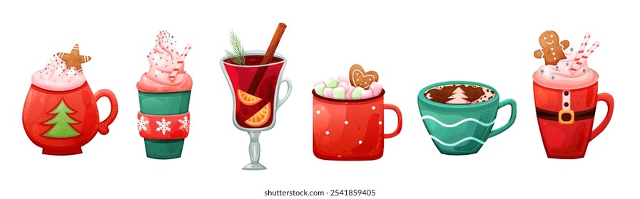 Set of Christmas hot chocolate drink and mulled wine in cute cup. Vector holiday illustration