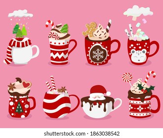 Set of Christmas hot drinks: hot chocolate, cream, coffee, milk. Mugs with sweets, cookies and lollipops. Perfect for greeting cards, party invitations, icons, posters, stickers, scrapbooking. Vector.