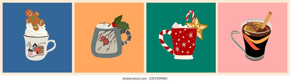 Set of Christmas hot drinks - chocolate, cacao, mulled wine with gingerbread, marshmallow, cinnamon, anise star. Winter holiday traditional drinks in modern cups and mugs. Flat vector illustrations