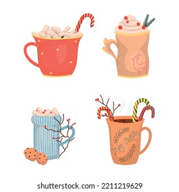 Set of Christmas hot drinks in colorful mugs. Detailed New Years illustrations.