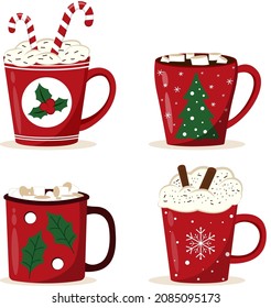 Set of Christmas hot drinks cups with marshmallows, cinnamon sticks, cane lollipop. Red cups with different patterns. Vector illustration.