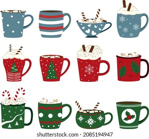 Set of Christmas hot drinks cups with marshmallows, cinnamon sticks, cane lollipop. Red, green and blue cups with different patterns. Vector illustration.