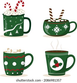 Set of Christmas hot drinks cups with marshmallows, cinnamon sticks, cane lollipop. Green cups with different patterns. Vector illustration.