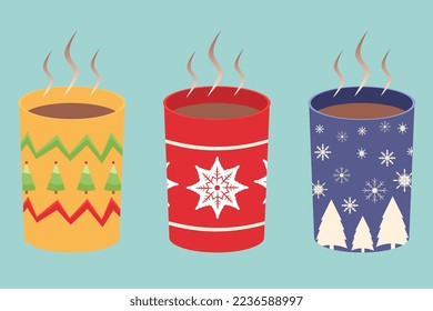 Set of Christmas hot drinks in glasses with coffee, cocoa with different elements