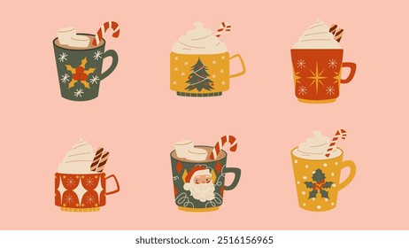 Conjunto de bebidas calientes de Navidad. Tazas retro con bebida para el año nuevo y feliz Navidad. 
