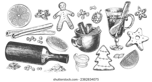 Set of Christmas hot drinks and sweets. Engraving style glasses of mulled wine. Gingerbread man, star, Christmas tree. Sketch style set of ingredients for mulled wine. Cinnamon, orange, wine bottle