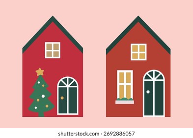 Satz von Weihnachtshaus flache Vektorgrafik.
Rot und grün Winterferienhäuser clipart.