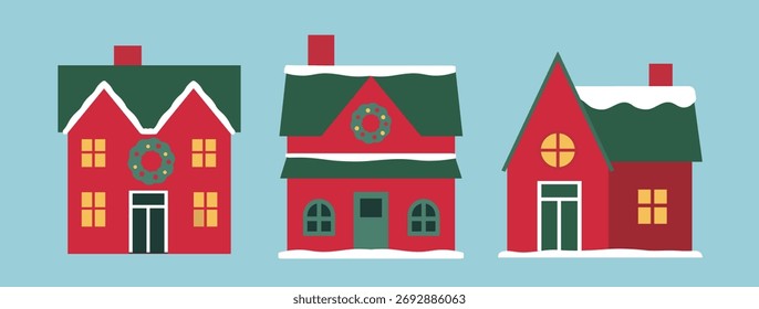 Conjunto de Navidades casa Ilustración vectorial plana.
Rojo y verde Casas de vacaciones de invierno Clipart.