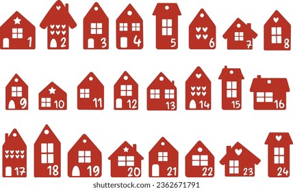 Set of Christmas houses Advent Calendar kids, Numbers 1-24, Gift Tags Labels Plotter Cut file, Christmas ideas DIY, New year house vector silhouette, Xmas winter decor