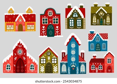 Set of Christmas houses vector flat illustration.