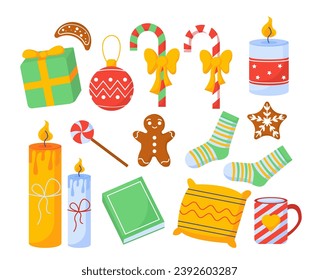 Set of Christmas hygge. Gingerbread man, candles and yellow pillow. Gift box and present. Candy canes. New Year and winter holiday. Cartoon flat vector collection isolated on white background