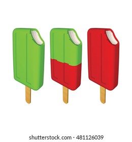 Set of Christmas Ice Creams on Stick Isolated on White. Bitten Popsicles Covered with Red and Green Frostings. Vector Low Poly Realistic Illustration.