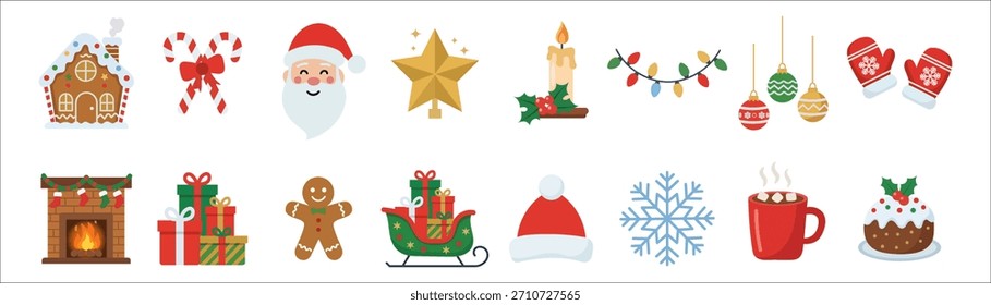 Set of Christmas icon elements. Modern Xmas abstract icons and symbol. New Year holiday decoration. Simple flat vector illustration.