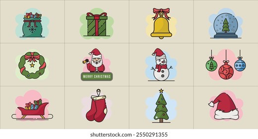 set of christmas icon line art color vector illustration template icon graphic design. bundle collection of various  decoration of xmas sign or symbol for holiday winter or religious celebration 