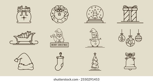 set of christmas icon line art vector illustration template icon graphic design. bundle collection of various decoration of xmas sign or symbol for holiday winter or religious celebration
