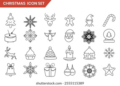 Set of Christmas icon, symbol, element. Christmas icons set design. Bells, Santa, deer, angel, snow, candle, cake icon. Vector  illustration. 