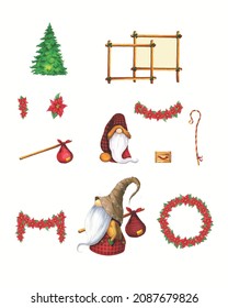 Set of Christmas icon tree gnomes wreath flower Vector illustration. Merry Christmas Background