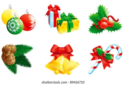 Set of christmas icon. Vector christmas "clip art" by hand bells with bow, baubles, gifts, fir branch with cone, christmas candy cane  and holly decoration.