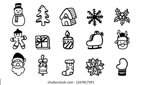 Set of christmas icon vector on white background.Black and white line by hand drawing.